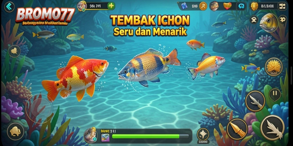 Screenshot gameplay BROMO77 yang menampilkan aksi berburu ikan.
