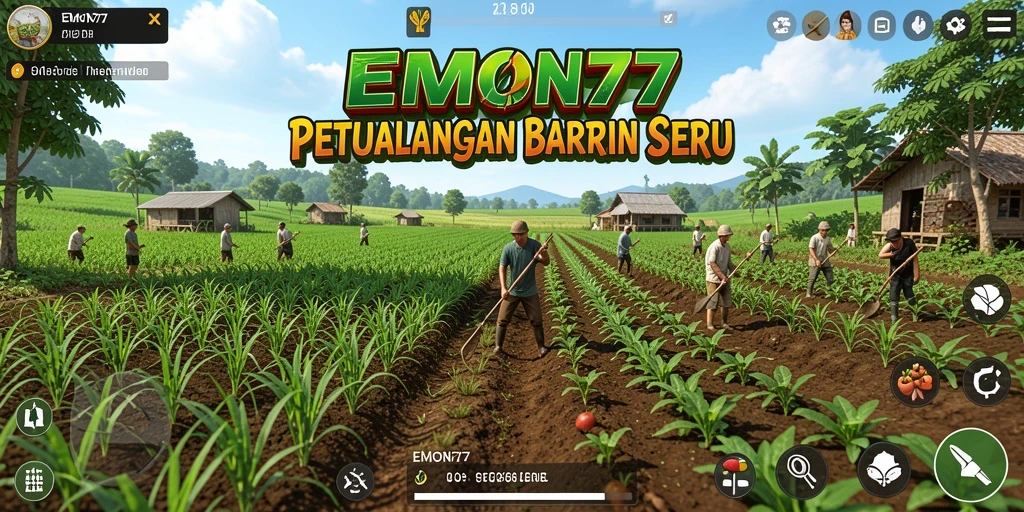 Screenshot gameplay EMON77 menampilkan kebun yang subur dan hewan ternak.