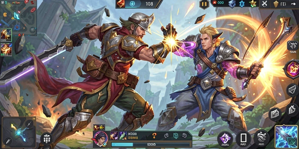 Tampilan aksi pertempuran epik dalam gameplay MOBA ID098.
