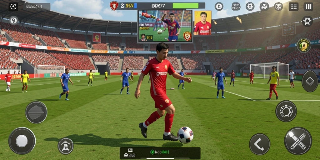 Tampilan gameplay menegangkan dalam pertandingan sepak bola yang seru.