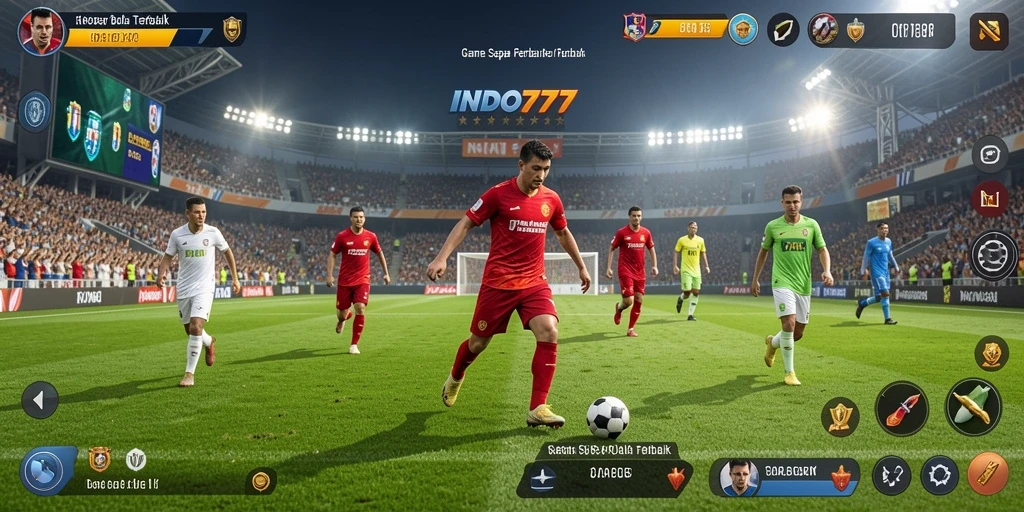Screenshot permainan INDO777 menampilkan aksi seru di lapangan sepak bola.