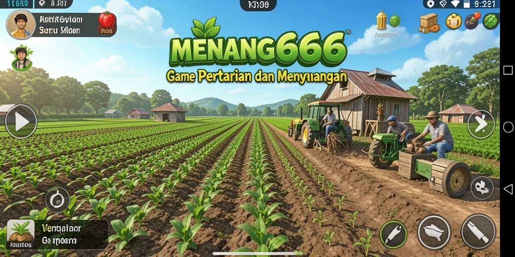 Tampilan gameplay seru yang menampilkan pertanian yang aktif dan berwarna.