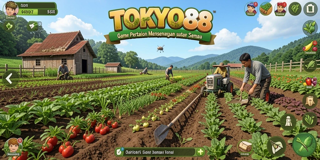 Tangkapan layar gameplay TOKYO88 menampilkan pertanian yang cerah dan menarik.