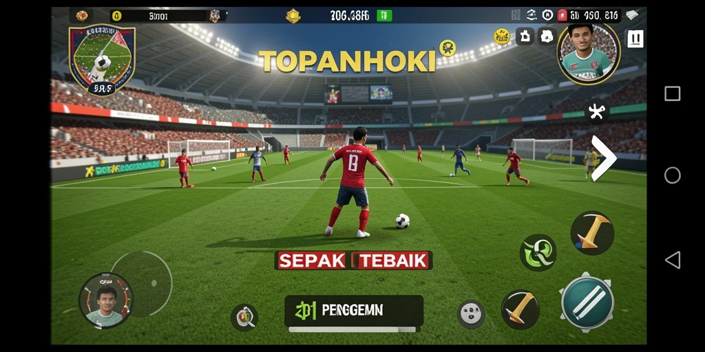 Screenshot gameplay TOPANHOKI menunjukkan aksi dan strategi sepak bola yang mendebarkan.