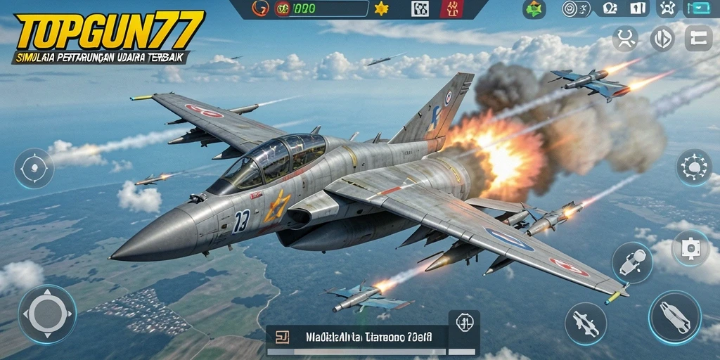 Screenshot gameplay TOPGUN77 menunjukkan pertempuran udara yang mendebarkan.