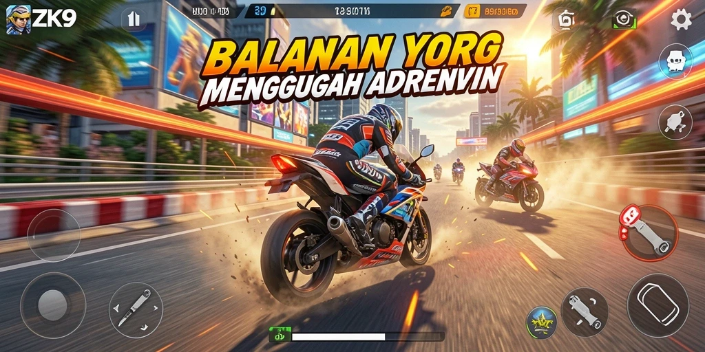 Tampilan gameplay balapan motor yang mendebarkan di ZK9.